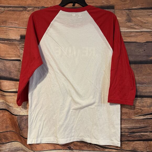 Revive Main White Red Raglan 3/4 Sleeve Baseball Tee Shirt Graphic Print Top - Picture 4 of 6